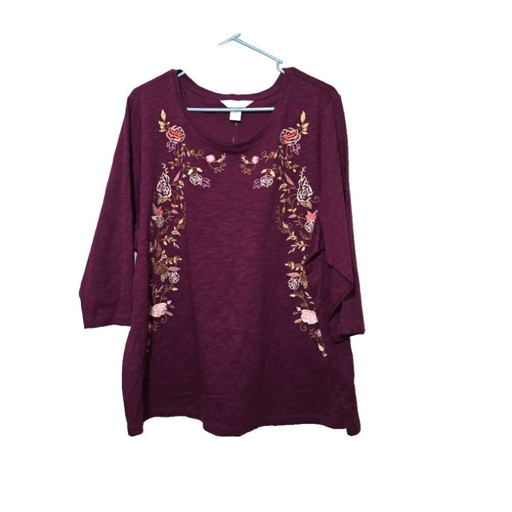 CJ Banks Top Sz 2X Boho Embroidered Pullover Comfort Casual Floral 3/4 Sleeves